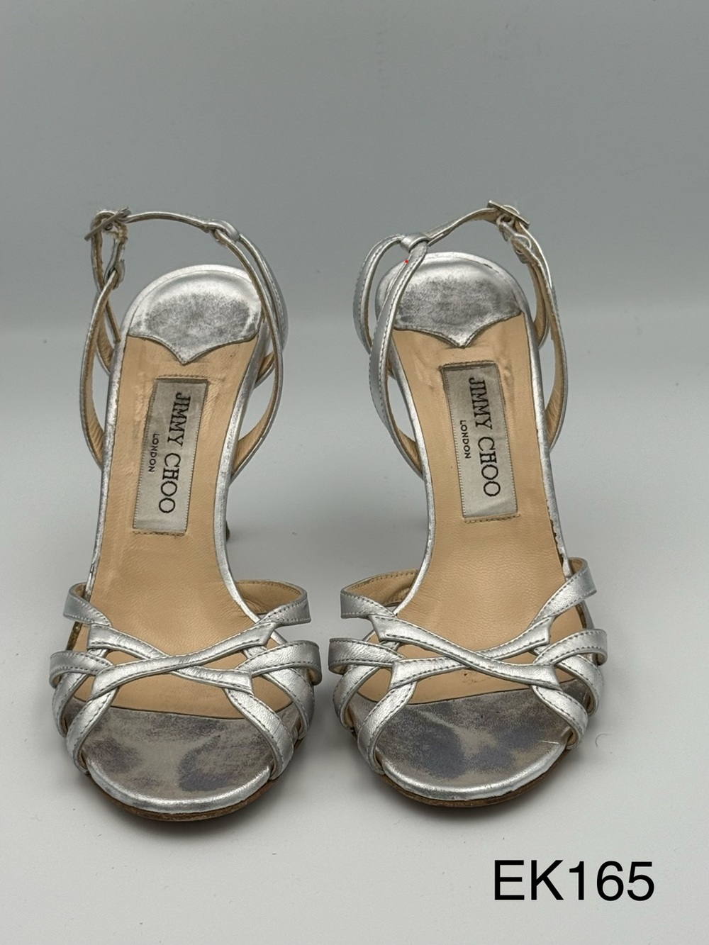 Jimmy Choo Silver Metallic Leather Strappy Sandals Heels 37.5 US 7.5